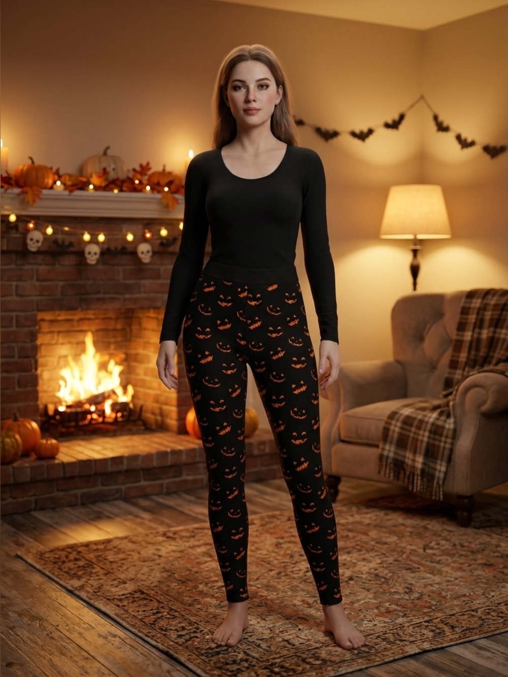 Halloween Jack-O'-Lantern Print Leggings - Black & Orange